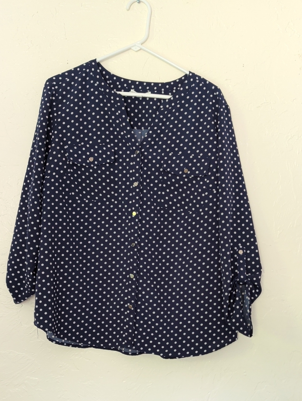 Notations Navy and White Polka Dot Button-Down Blouse